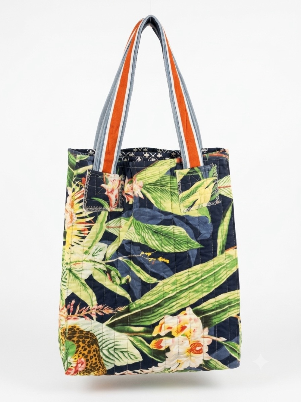 Tropical Quilted Tote Bag in Navy and Green